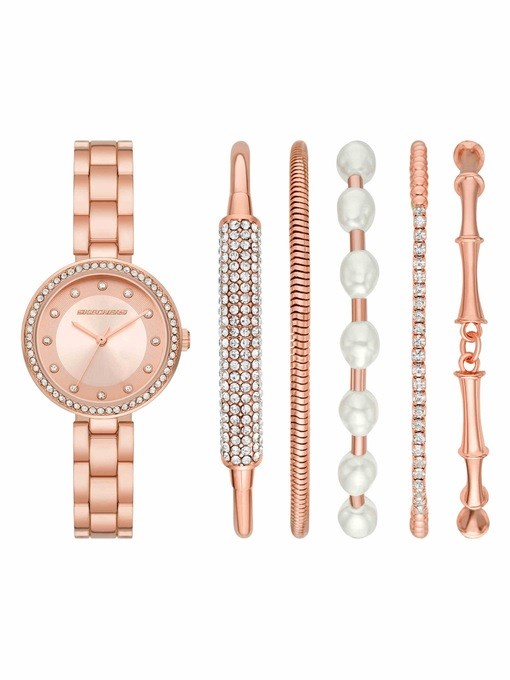 Skechers Women's Gift Sets 32MM 3-Hand Quartz Analog Watch with Rose Gold Bracelet and Case with Bracelet Accessories