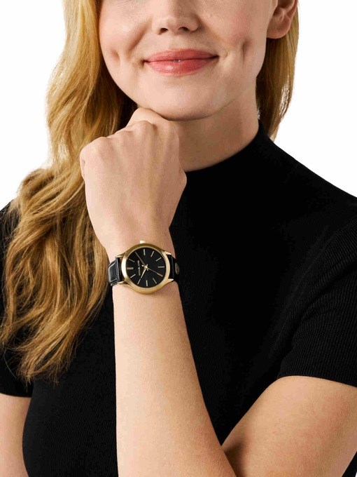 Michael Kors Slim Runway Three-Hand Black Leather Watch Michael Kors Slim Runway Three-Hand Black Leather Watch