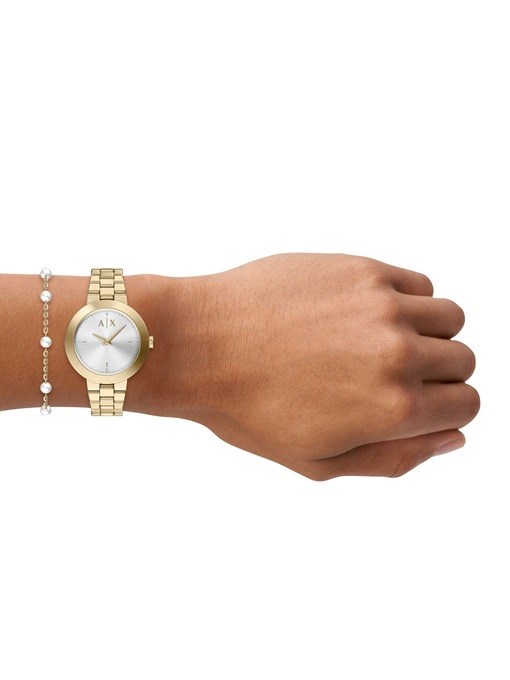 Armani Exchange Two-Hand Gold-Tone Stainless Steel Watch and Bracelet Set Armani Exchange Two-Hand Gold-Tone Stainless Steel Watch and Bracelet Set