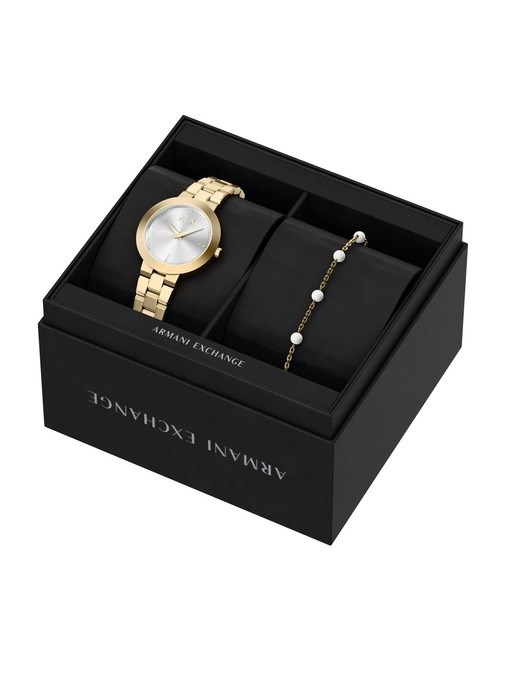 Armani Exchange Two-Hand Gold-Tone Stainless Steel Watch and Bracelet Set Armani Exchange Two-Hand Gold-Tone Stainless Steel Watch and Bracelet Set