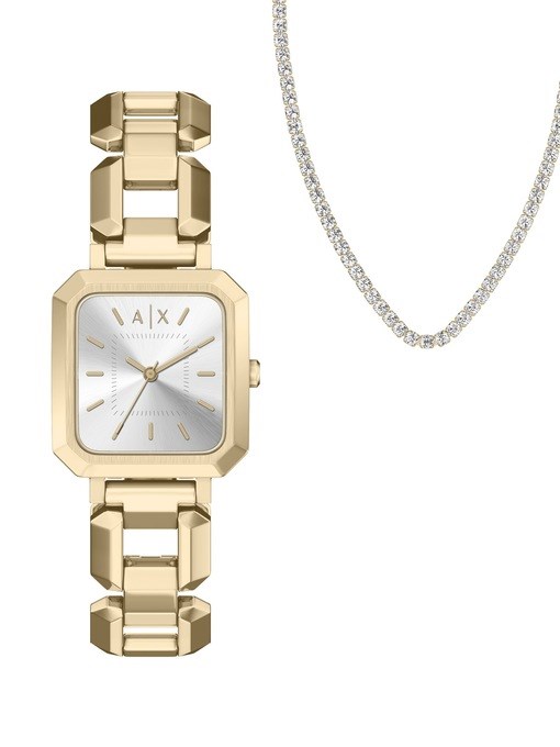 Armani Exchange Three-Hand Gold-Tone Stainless Steel Watch and Necklace Set Armani Exchange Three-Hand Gold-Tone Stainless Steel Watch and Necklace Set