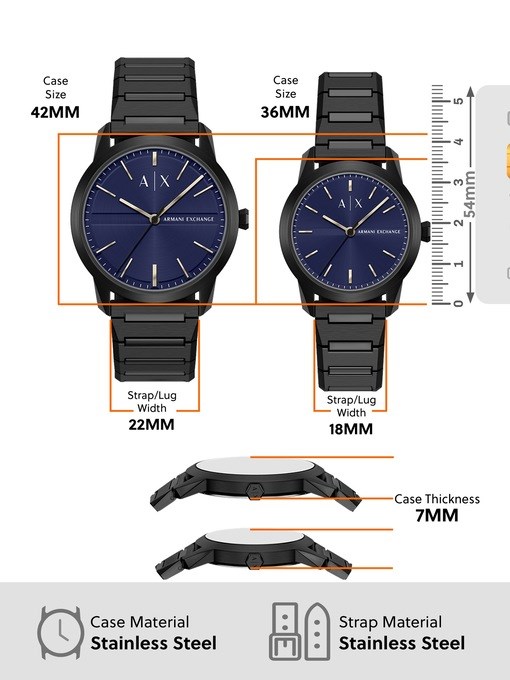 Armani Exchange Three-Hand Black Stainless Steel Watch Set Armani Exchange Three-Hand Black Stainless Steel Watch Set