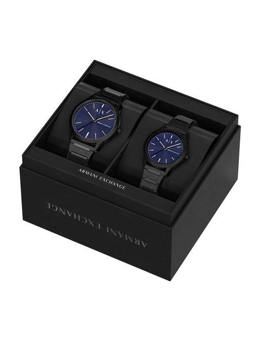Armani Exchange Three-Hand Black Stainless Steel Watch Set Armani Exchange Three-Hand Black Stainless Steel Watch Set
