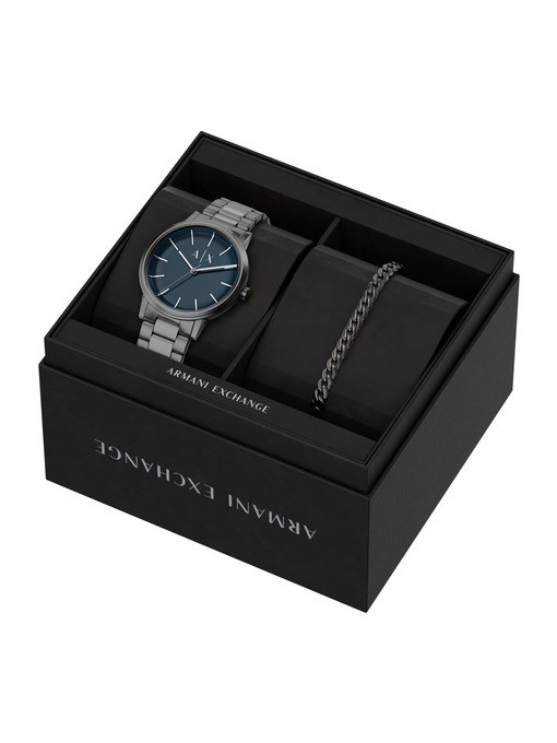 Armani Exchange Three-Hand Gunmetal Stainless Steel Watch and Bracelet Set