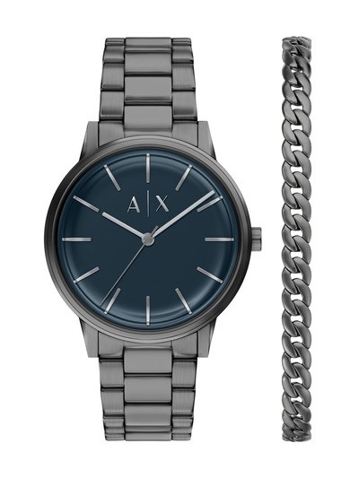 Armani Exchange Three-Hand Gunmetal Stainless Steel Watch and Bracelet Set