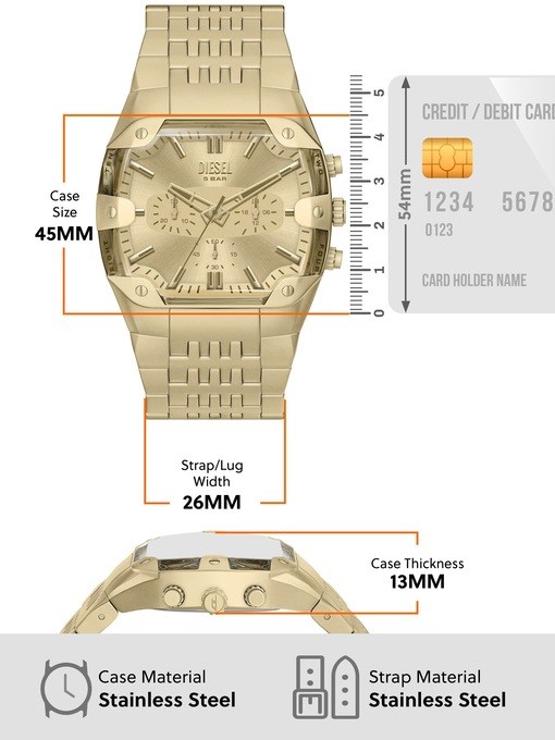 Diesel Spiked Cushion Chronograph Gold-Tone Stainless Steel Watch Diesel Spiked Cushion Chronograph Gold-Tone Stainless Steel Watch