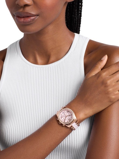 Michael Kors Lexington Chronograph Pink Ceramic and Rose Gold-Tone Stainless Steel Watch Michael Kors Lexington Chronograph Pink Ceramic and Rose Gold-Tone Stainless Steel Watch