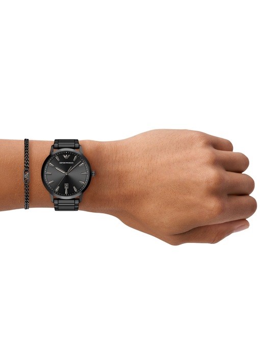 Emporio Armani Three-Hand Date Black Stainless Steel Watch and Bracelet Set