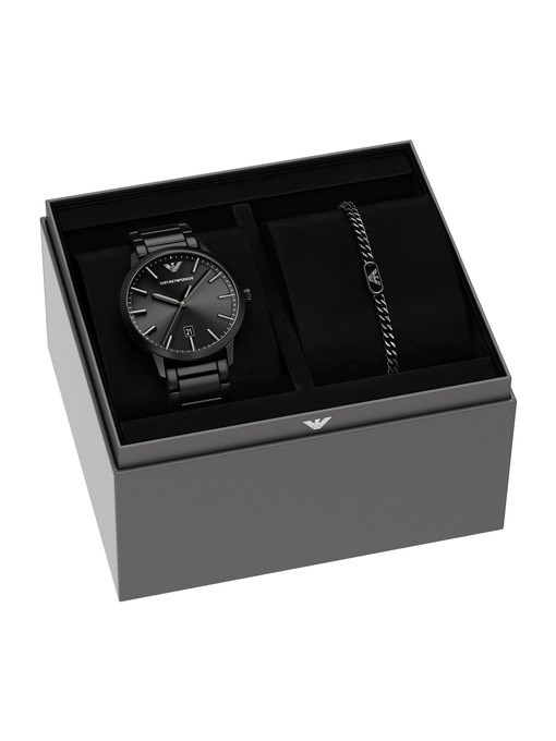 Emporio Armani Three-Hand Date Black Stainless Steel Watch and Bracelet Set